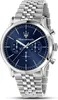A close-up studio shot of a Maserati men's chronograph watch with a blue dial and a stainless steel bracelet, presented on a white background. Náhľad obrázku produktu