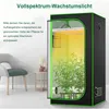 A grow tent with a plant inside, illuminated by a grow light. Produktbild-Vorschau