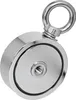A close-up studio shot of a round, silver-colored magnet with an eye bolt attached. Produktbild-Vorschau
