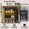 A product image showcasing a cabinet with its doors open, displaying internal shelves and a microwave, alongside a comparison image of another product. Text overlays highlight features. Podgląd zdjęcia produktu