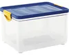 A clear studio shot of a transparent plastic storage box with a blue lid and yellow clasps. Produktbild-Vorschau