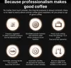 A dark background with six circular icons, each with a description below it, detailing features of a coffee tamper. Produktbild-Vorschau