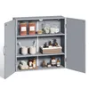 A gray bathroom cabinet with its doors open, displaying various toiletries and bathroom accessories on its shelves. Produktbild-Vorschau