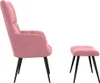 A pink velvet armchair and matching ottoman are shown against a white background. Voir les images du produit