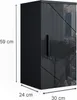 A black cabinet with a city skyline graphic on its door, with dimensions indicated by text overlays. Produktbild-Vorschau