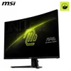A curved gaming monitor with a black stand, displaying a neon green graphic and text. Voir les images du produit