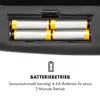 Close-up of batteries in a battery compartment, with text and an icon below. Produktbild-Vorschau