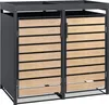 A two-bin trash can enclosure with wooden-look doors and a planting roof, shown from the front. Produktbild-Vorschau