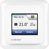 A white thermostat with a digital display showing the time, date, temperature, and two buttons. Produktbild-Vorschau