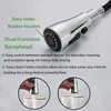 A close-up marketing image of a kitchen faucet spray head with descriptive text and two inset images showing water flow. Náhled obrázku produktu