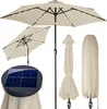 A collection of product images showing a cream-colored patio umbrella with LED lights, a solar panel, a folded umbrella, and a protective cover. Anteprima dell’immagine prodotto