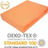 A folded orange fitted sheet on a white background with logos and text. Produktbild-Vorschau
