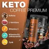 A marketing image for Keto Coffee Premium, showing the product packaging and key ingredients with text overlays. Náhled obrázku produktu