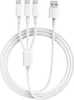 A white USB charging cable with one USB-A connector and three USB-C connectors, coiled on a white background. Produktbild-Vorschau