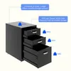 A black filing cabinet with three drawers is shown. Text overlays indicate its storage capacity and drawer configuration. Anteprima dell’immagine prodotto