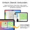 Multiple Apple devices (iPhone, iPad, Mac, Apple Watch) displaying a map application, with a close-up of a wallet widget on a phone screen. Produktbild-Vorschau