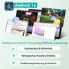 Marketing image for Android 16 showing various app interfaces and feature highlights. Produktbild-Vorschau