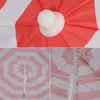 A collage of three close-up images of a red and white striped umbrella, showing the top mechanism, the underside structure, and the fabric pattern. Produktbild-Vorschau