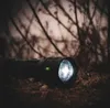A black flashlight with its light on, lying on the ground amidst dry branches and soil. Produktbild-Vorschau