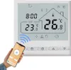 A smart thermostat is shown on a white background, with a hand holding a smartphone displaying a thermostat app next to it. Náhled obrázku produktu
