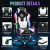 A gaming chair with various features highlighted by text labels and lines. Podgląd zdjęcia produktu