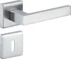 A stainless steel door handle set with a square escutcheon plate. Produktbild-Vorschau
