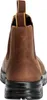 The back view of a brown leather work boot with a black sole. Voir les images du produit