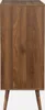 A view of the back of a wooden dresser with four drawers, standing on four tapered legs. Produktbild-Vorschau