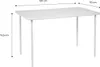 A white rectangular table with four legs, shown from a slightly elevated angle. Dimensions are indicated with lines and text. Anteprima dell’immagine prodotto