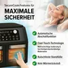 A woman relaxing while a black air fryer is shown with its features highlighted. Produktbild-Vorschau
