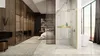 A luxurious modern bedroom with an open-plan bathroom area, featuring a large wardrobe, bed, and a glass-enclosed shower with gold accents. Produktbild-Vorschau