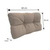 A beige cushion with dimensions indicated by measurement lines and text. Voir les images du produit