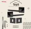 A product image showcasing a black door handle set with accompanying hardware, presented with marketing text and graphics. Produktbild-Vorschau