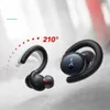 A pair of black wireless earbuds with red accents, shown from a side angle against a light gray and white background. A graphic indicates a 210-degree rotation. Produktbild-Vorschau