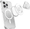 A clear phone case with a magnetic ring and a pop socket attachment, shown with the components separated. Produktbild-Vorschau