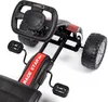 A close-up, angled view of a black and red go-kart with a steering wheel and pedals. Podgląd zdjęcia produktu