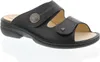 A black leather sandal is shown against a white background. Produktbild-Vorschau