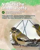 Three birds are eating from a bird feeder. The background has text and a green overlay. Produktbild-Vorschau