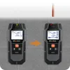 Two MAKA® wall scanners are shown on a tiled wall, demonstrating their use in detecting objects within the wall. An orange arrow indicates movement from left to right. Podgląd zdjęcia produktu