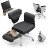 A multi-position office chair with a laptop, cup holder, and a cat on the footrest, shown from multiple angles. Podgląd zdjęcia produktu