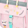 Close-up of a pink backpack with decorative elements. Voir les images du produit