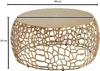 A gold-colored round coffee table with an intricate, organic design is shown from a side angle. Produktbild-Vorschau