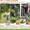 A collage of three images showing people using a cordless trimmer with different attachments in a garden setting, with text describing the attachments. Produktbild-Vorschau