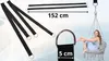 A collage of images showing black straps for a hammock or swing, with a woman sitting in a hammock in the background. Podgląd zdjęcia produktu