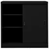 A black metal filing cabinet with sliding doors and shelves. Voir les images du produit