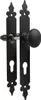 A black metal door handle set with two plates, a doorknob, and a latch mechanism, shown against a white background. Produktbild-Vorschau