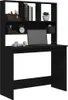 A black desk with a hutch, featuring a laptop, headphones, and various desk accessories. Produktbild-Vorschau