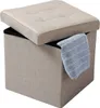 A beige storage ottoman with its lid partially open, revealing a striped cloth inside. Produktbild-Vorschau