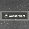 A close-up of a dark gray fabric with water droplets, featuring a dark rectangular badge with an umbrella icon and the German word for waterproof. Voir les images du produit