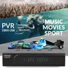 A collage of images showing a crowd, an elephant underwater, a race car, and a satellite receiver. Text overlays highlight features and content types. Produktbild-Vorschau